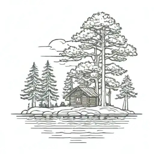 Island With Pine Tree Surrounding A Simple Cabin
