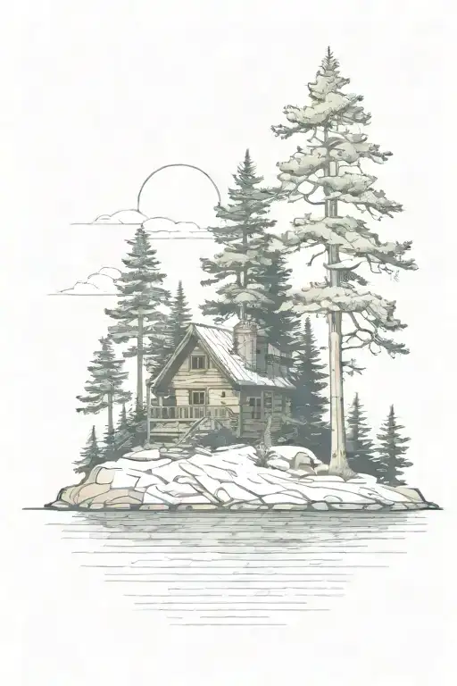 Island With Pine Tree And Cabin