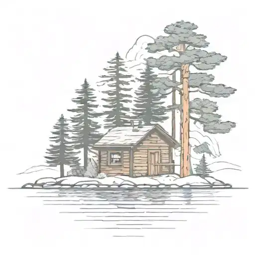 Island With Pine Tree Surrounding A Simple Cabin