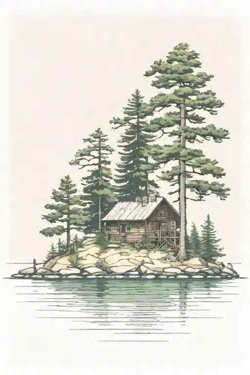 Island With Pine Tree And Cabin