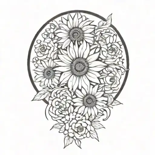 Large Sunflower Surrounded By Roses And Chrysanthemums Flowers