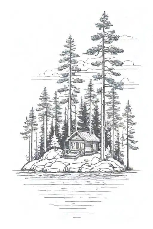 Island With Pine Tree And Cabin