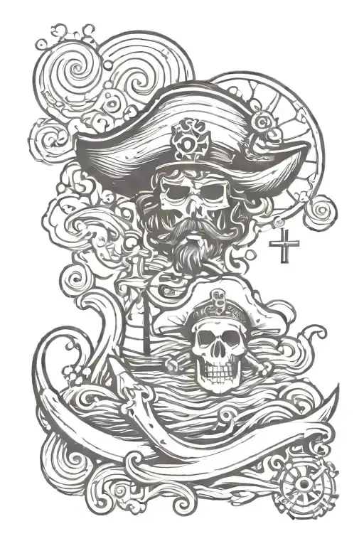 Waves And A Cross And A Pirate With A Tophat With A Seashell On It