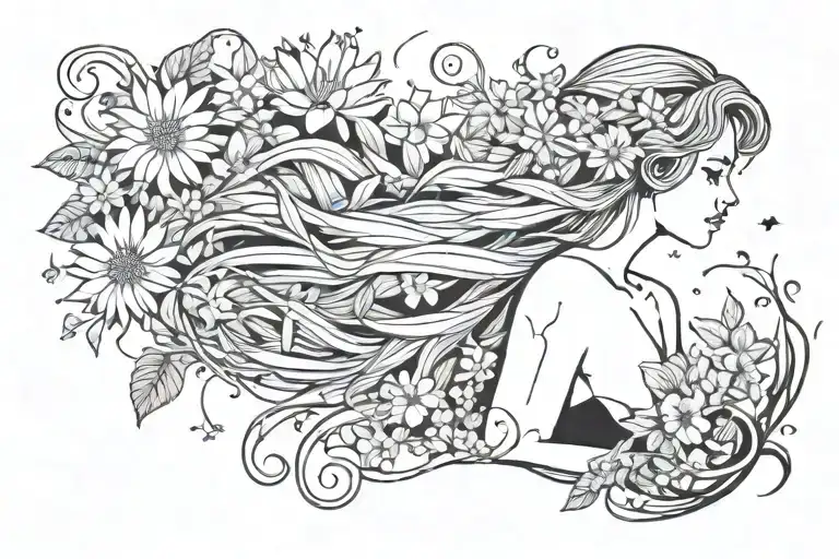 A Tatto With A Girl Middle Og A Galaxy Who Has A Mermaid Tais With Daisy Flowers And Sakura Flowers