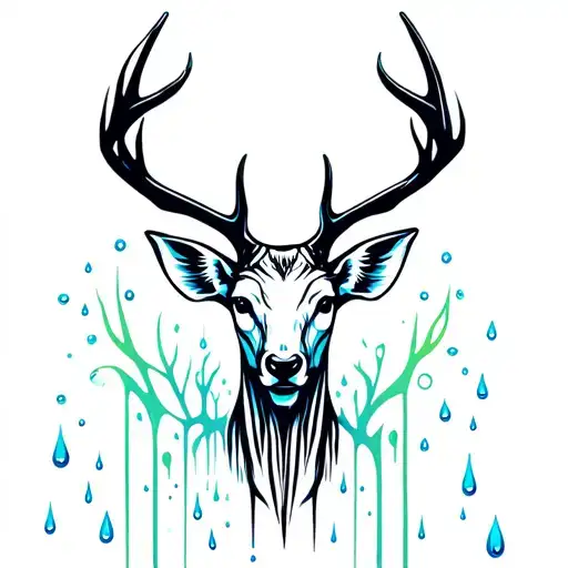 Skeched Deer With Blue And Green Water Droplets Behind It