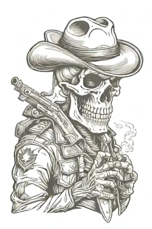 Smoking Military Skull Wearing Cowboy Hat