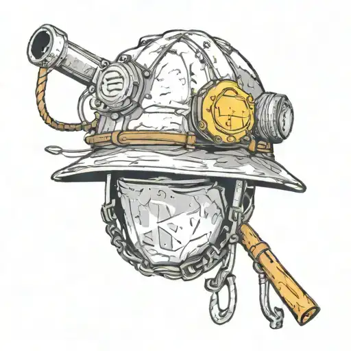 Miner Helmet With Fishing Pole And Dog Tags Wrapped