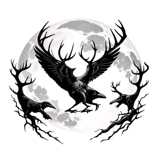 Raven And Stag Surrounded By A Blood Moon