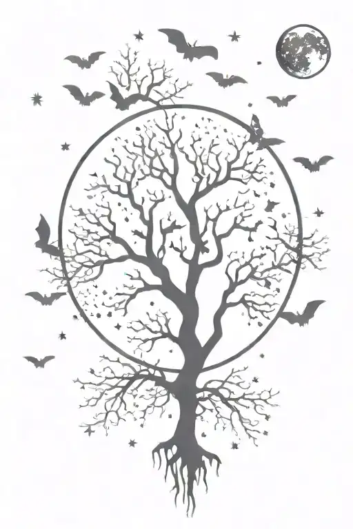Poison Tree With Bats Flying Across The Moon Surrounded By Stars