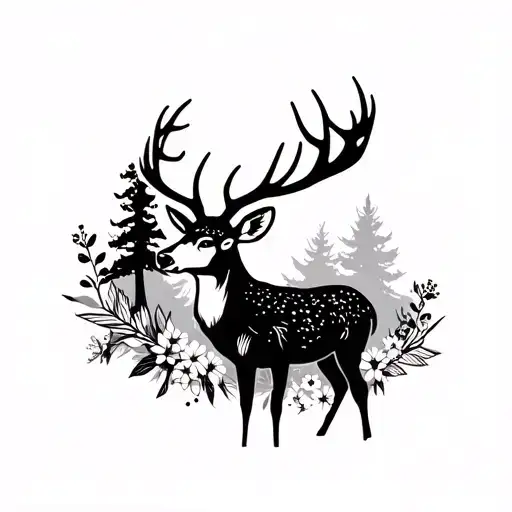 Deer With Forest In Backround And Flowers Are Around Him