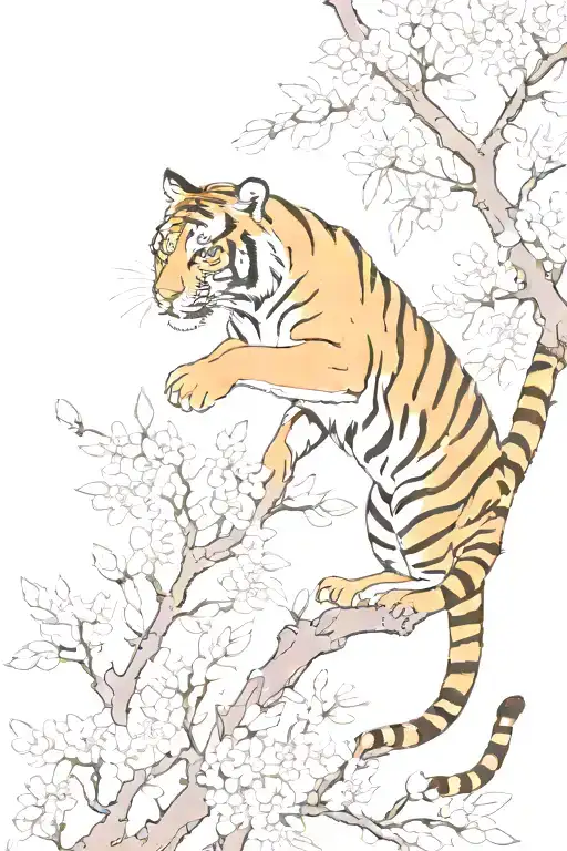 Tiger Climbing Down Chewy Blossom Branch