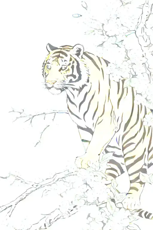 Tiger Climbing Down From The Top Of Blossom Branch