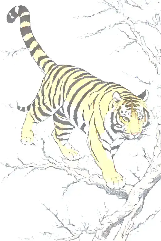 Tiger Climbing Down From The Top Of Blossom Branch