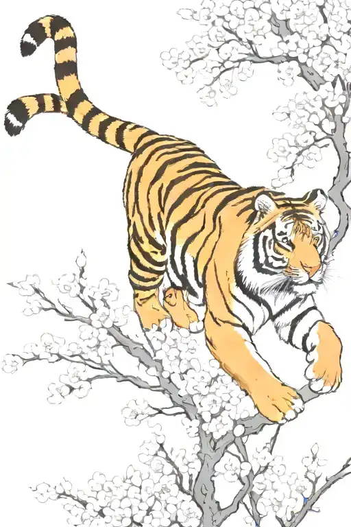 Tiger Climbing Down From The Top Of Blossom Branch