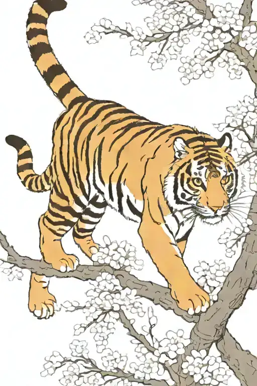 Tiger Climbing Down From The Top Of Blossom Branch