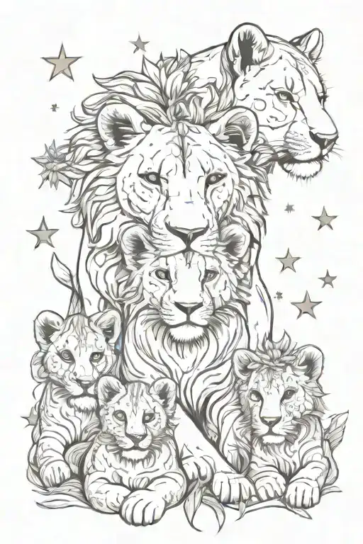 Lionesses With Three Cubs And Sunflower Moon Stars
