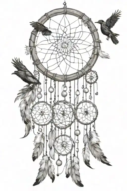 Long Dream Catcher With More Than One Circle And Ravens