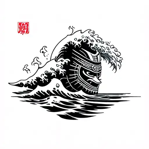 I Want A Knee Tattoo With A Wave Of Water Coming Out Of A Samurai Mask