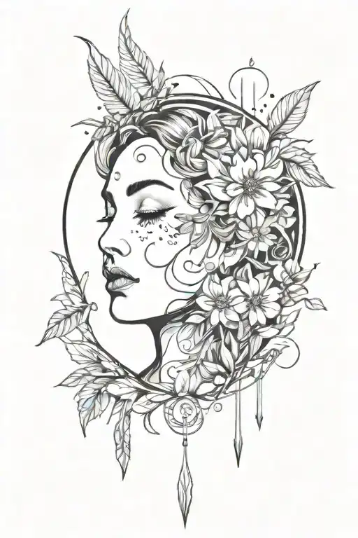 Female Face Moon Surrounded By Flowers And Arrows