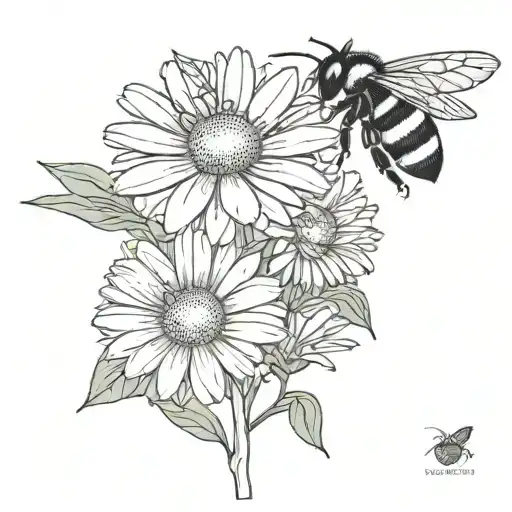 Daisy Flowers With A Bumblebee Flying Near