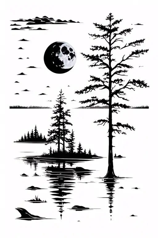 Moon And Treeline Reflecting Off Lake