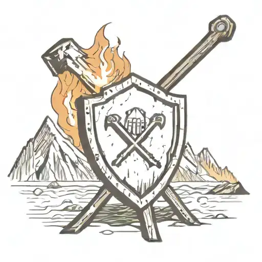A Hammer And Shield Engulfed In Flames And In Front Of A Mountain