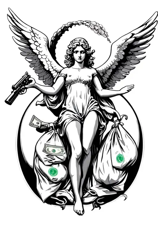 Angel Flying Up With Money Bag And Gun In Hands Elegant