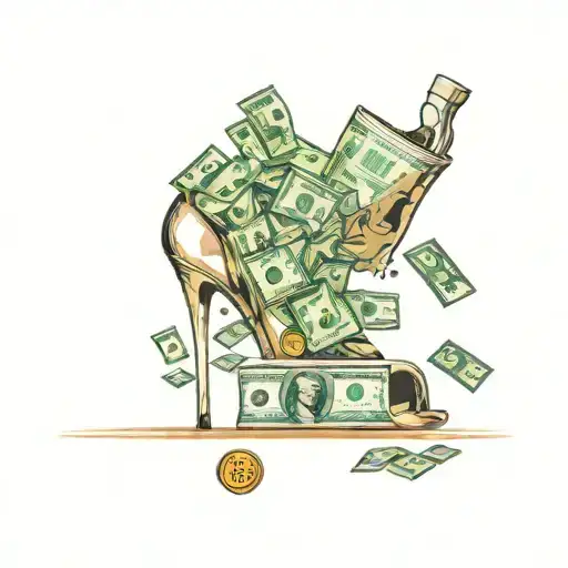 One Open Toe High Heel Shoe Representing A Hustler With Money And Bitcoin Coming Out The Top