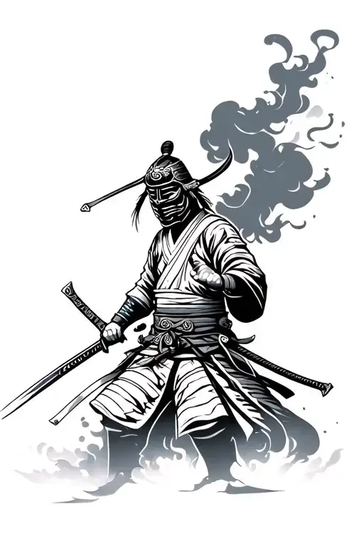 A Samurai With A Sword And Traditional Mask And Smoke