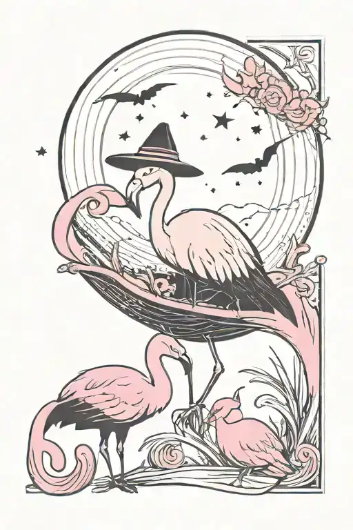 Black Moon With Flamingo And A Black Cat Wearing Witch Hat