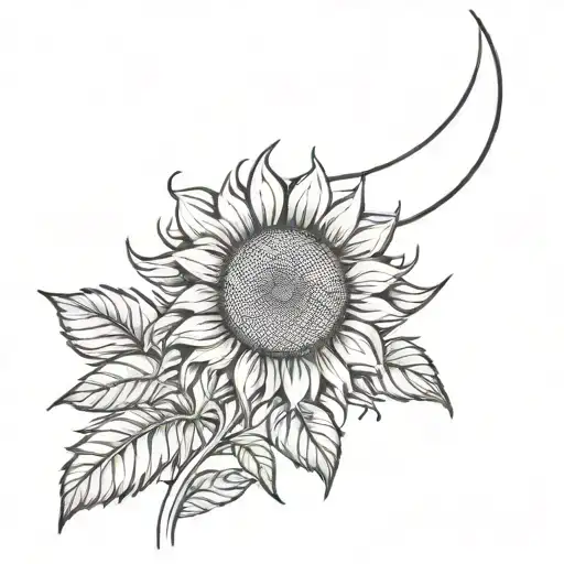A Large Crescent-shaped Moon And Inside It A Sunflower Without A Stem