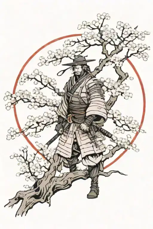 Lonely Ronin Samurai Next To Cherry Blossom Tree With Red Moon Behind Him