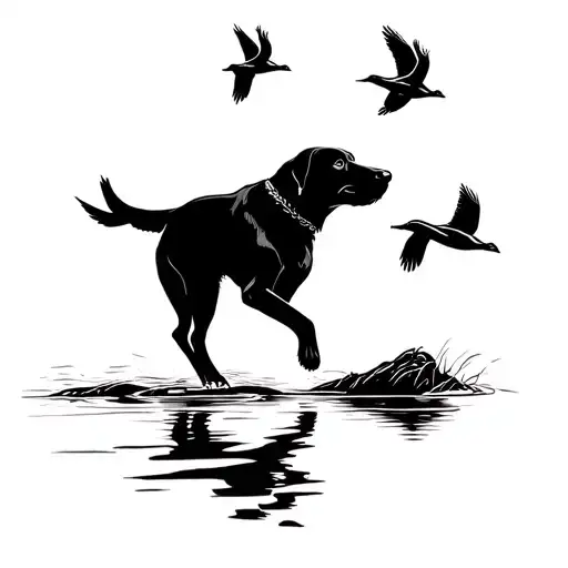 A Black Labrador Retriever Dog Is Chasing Ducks Flying