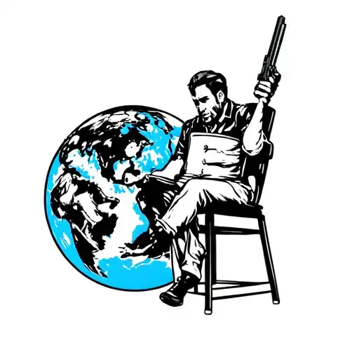 The World Is Yours With An Earth And A Guy On A Chair Holding A Gun