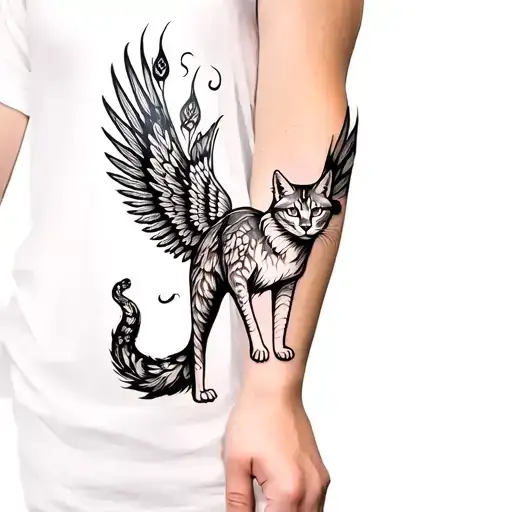 Lynx With Wings And Tail Like A Peacock In Full Growth On The Forearm Neo Traditional