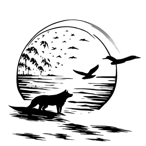 Wolf Howling At Moon With A Male Mallard Duck Flying Into A Sunset