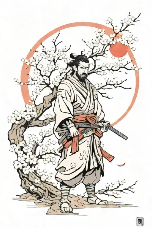 Lonely Ronin Samurai Next To Cherry Blossom Tree With Red Moon Behind Him
