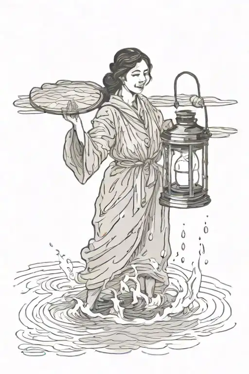 Woman Wading Through Water Holding Up Lantern Shining Light