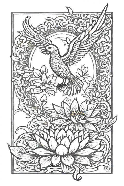 Phoenix And Lotus Flower Surrounded