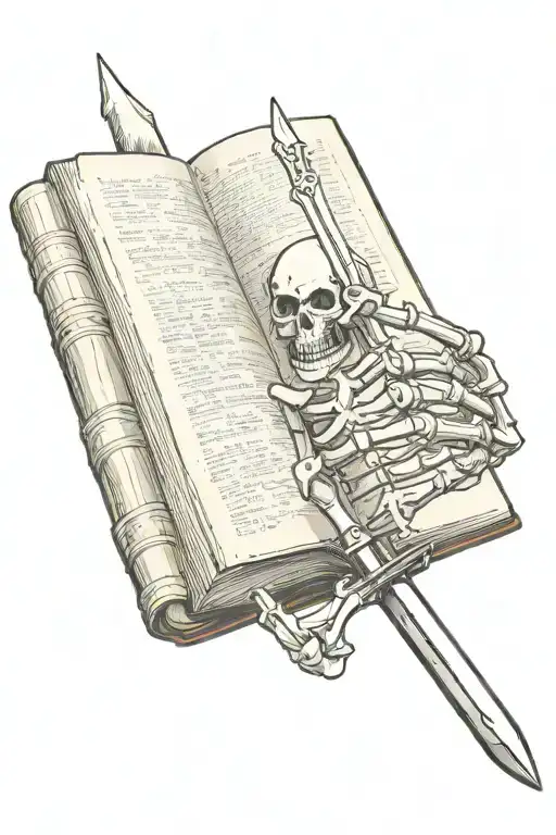 Skeleton Hand Holding A Book With A Sword Coming Out