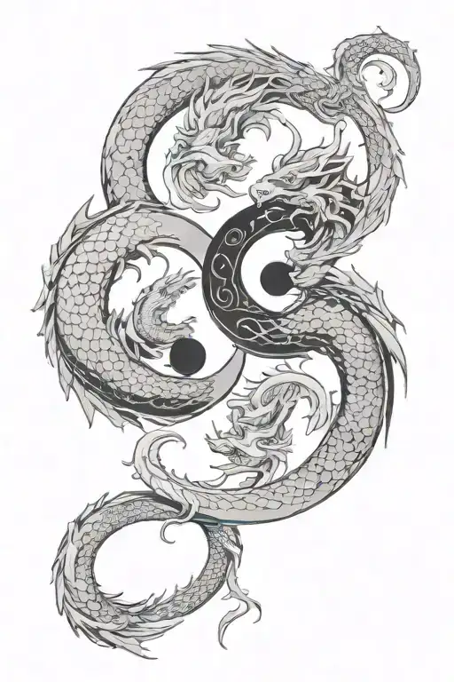 Two Dragons Intertwined Symbolising Yin Yang With Moon Phases