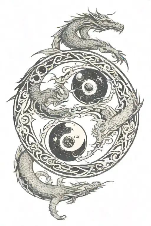 Two Dragons Intertwined Yin Yang And Moon Phases