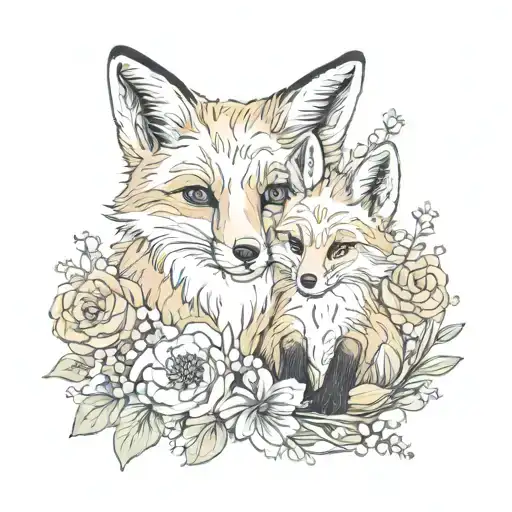 Fox Mother And Baby With Flowers