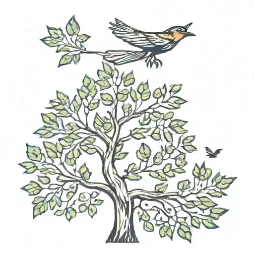 A Tree With A Crown And Foliage And A Bird Flying Schematically