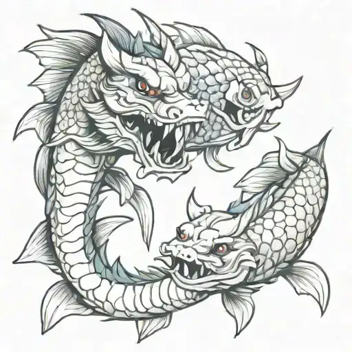 Mad Dragon And Koi Fish With A Mask On Both Their Faces