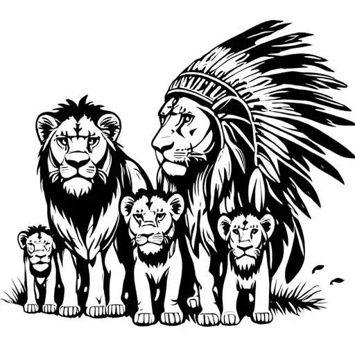 Indian Chief And Four Baby Lion And Lionnes