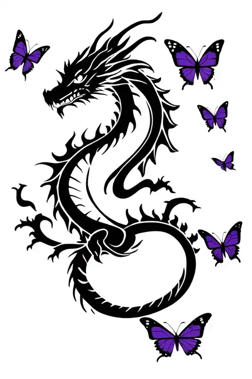 Dragon With A Few Small Purple Butterflies Surrounding