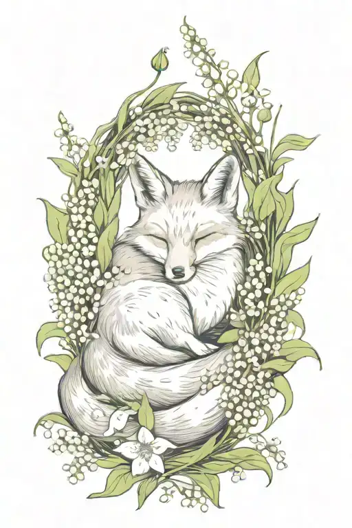 Sleeing Fox Surrounded By Lily Of The Valley