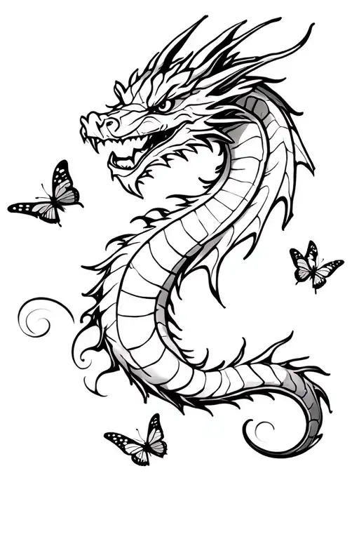 Dragon With A Few Small Butterflies