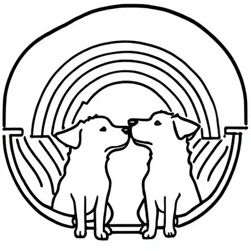 Two Dog Outlines With Halo Above Their Heads And Rainbow Behind It